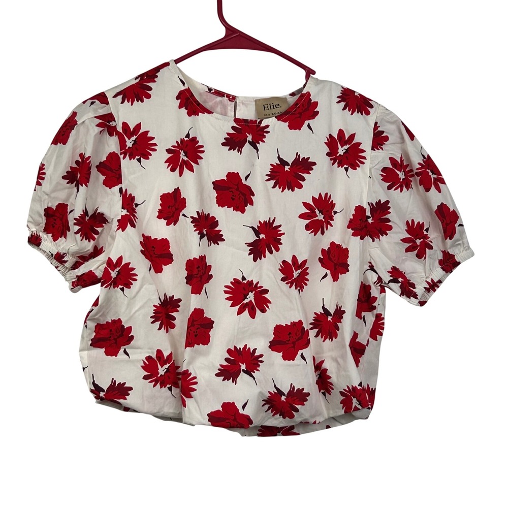 Elie Tahari Top Womens Small White Red Floral Puff Sleeve Cotton Blouse NEW